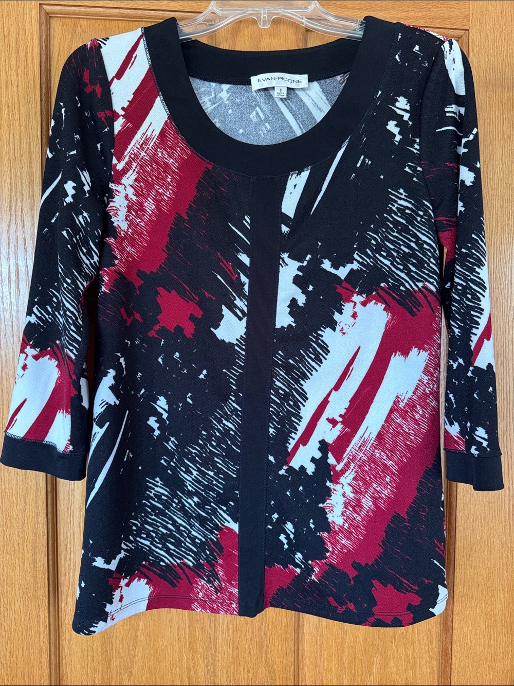 Evan Picone Black, Burgundy and White Abstract Scoop Neck 3/4 Sleeve Top, Sz S